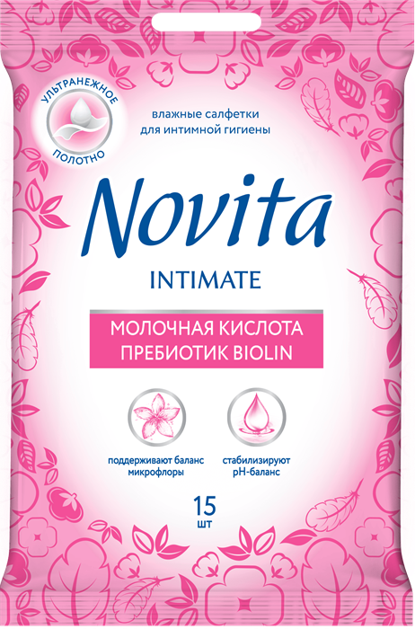 Novita Intimate Wipes Prebiotic Biotin with euroslot, 15pcs