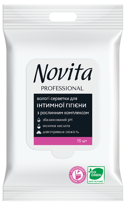 NOVITA PROFESSIONAL Влажная салфетка для интим.гигиены с растительным комплексом, 15шт