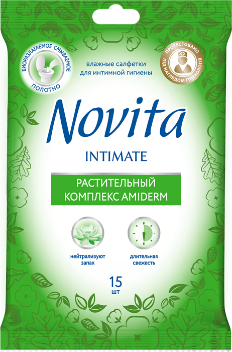 Novita Влажная салфетка Intimate Soft комплекс Amiderm, 15 шт